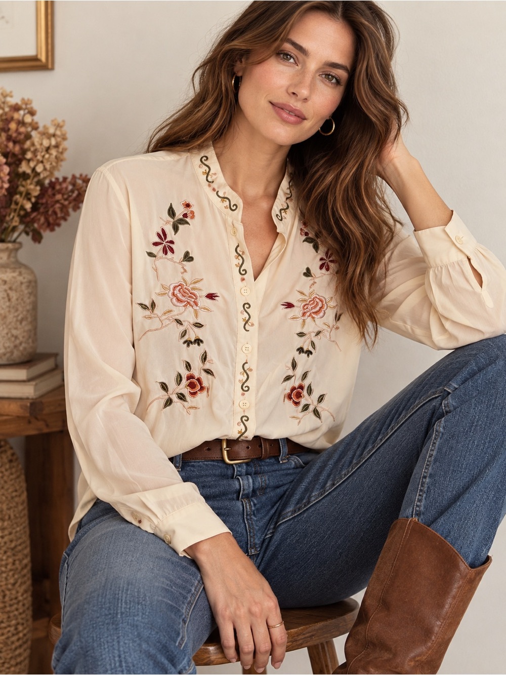 Orvis 100% Silk Ivory Floral Embroidered Blouse Women’s 10 Boho